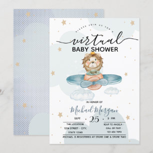 Airplane Lion Clouds Dots Virtual Baby Shower Invitation