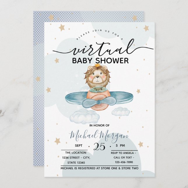 Airplane Lion Clouds Dots Virtual Baby Shower Invitation (Front/Back)