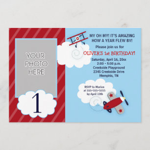 Airplane Little Aviator Red & Navy Photo Birthday Invitation