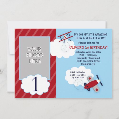 Airplane Little Aviator Red &amp; Navy Photo Birthday Invitations