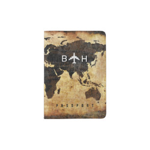 Airplane Logotype World Map Brownish Passport Holder