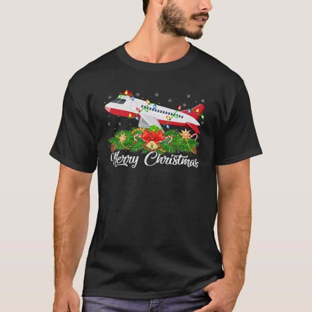 Airplane Lover Matching Santa Hat Airplane Christm T-Shirt (Front)