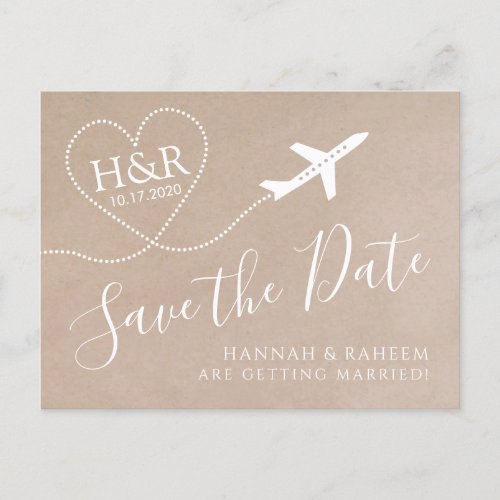 Airplane Monogram Kraft Destination Wedding Date Announcement Postcard