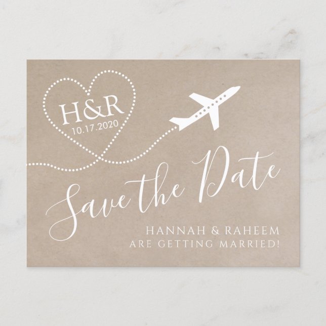 Airplane Monogram Kraft Destination Wedding Date Announcement Postcard (Front)