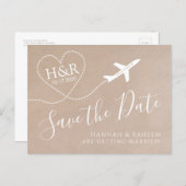 Airplane Monogram Kraft Destination Wedding Date Announcement Postcard (Front/Back)