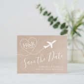 Airplane Monogram Kraft Destination Wedding Date Announcement Postcard (Standing Front)
