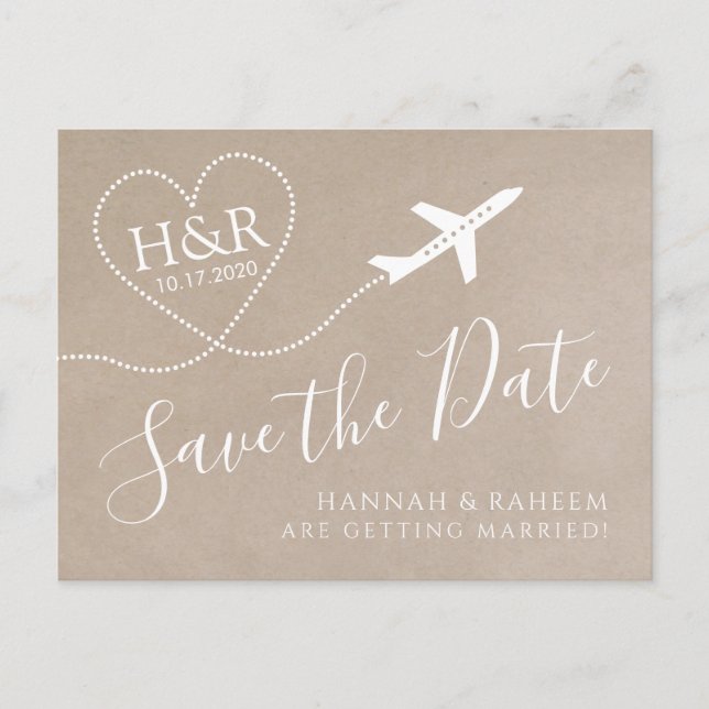 Airplane Monogram Kraft Destination Wedding Date Announcement Postcard (Front)