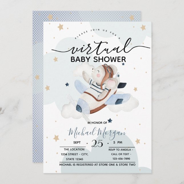 Airplane Mouse Clouds Dots Virtual Baby Shower Invitation (Front/Back)
