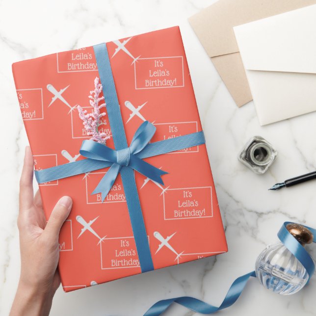 Airplane & Name Flag, Custom Kids Birthday Orange Wrapping Paper (Gifting)
