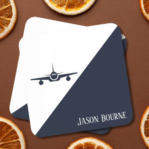 Airplane Navy Blue and White Stylish Modern Travel Beverage Coaster