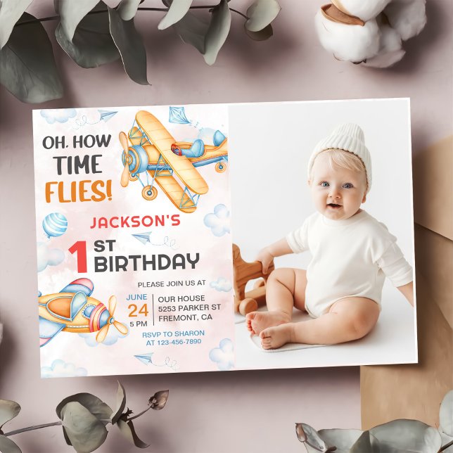 Airplane Oh How Time Flies 1st Birthday Photo Invitation (Creator Uploaded)