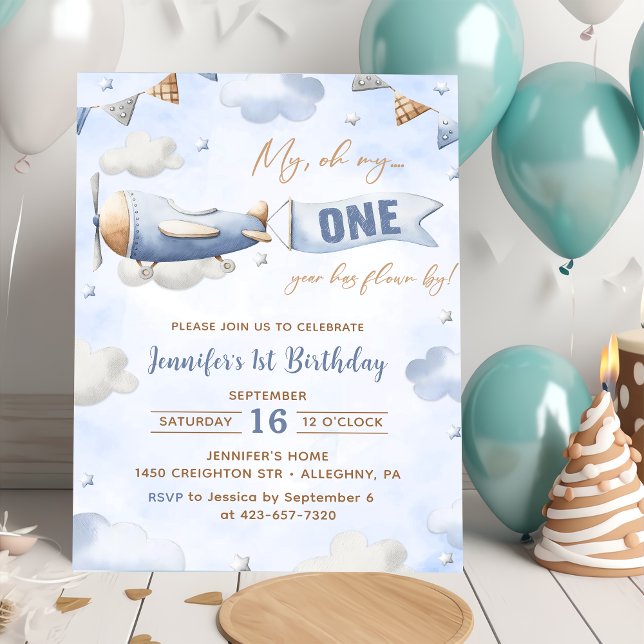 Airplane Oh My Time Flies Travel 1st Birthday  Invitation (Creator Uploaded)