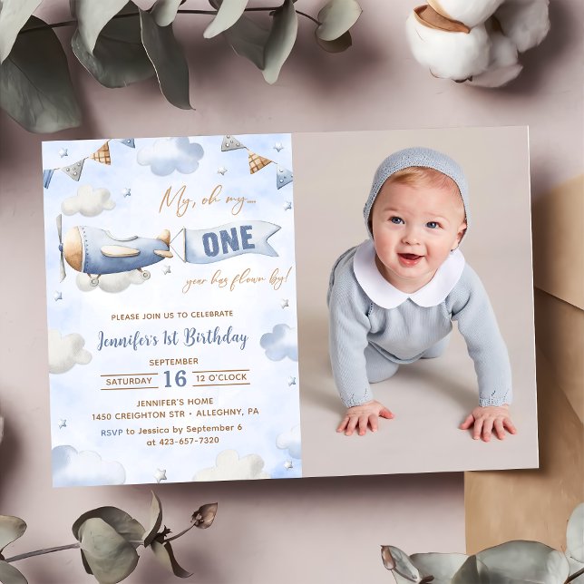 Airplane Oh My Time Flies Travel 1st Birthday  Invitation (Creator Uploaded)