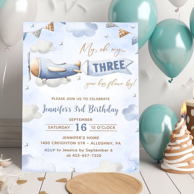 Airplane Oh My Time Flies Travel 3rd Birthday  Invitation (Creator Uploaded)