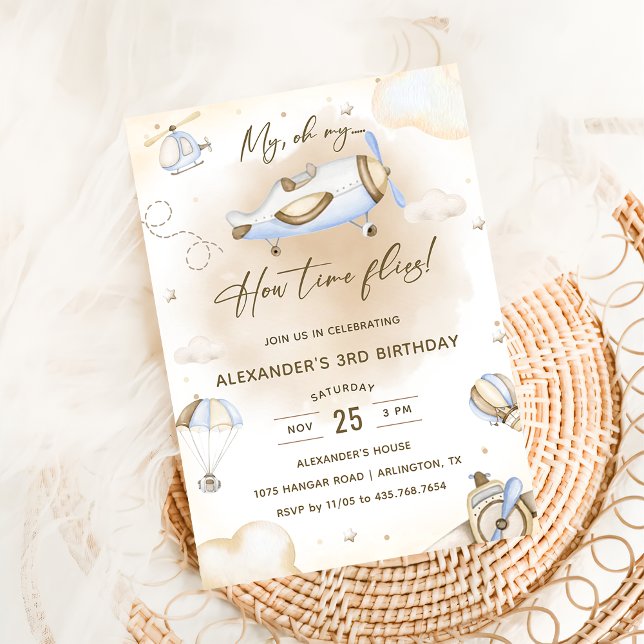 Airplane Oh My Time Flies Travel 3rd Birthday  Invitation (Creator Uploaded)