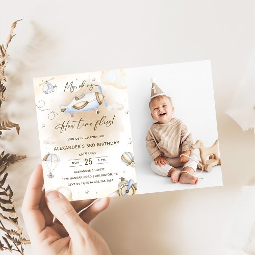 Airplane Oh My Time Flies Travel Birthday Photo  Invitation