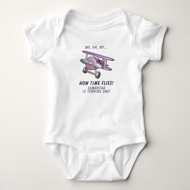 Airplane Oh My Time Flies Travel First Birthday  Baby Bodysuit (Front)