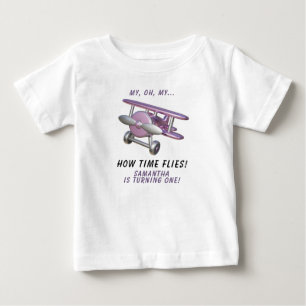 Airplane Oh My Time Flies Travel First Birthday Baby T-Shirt