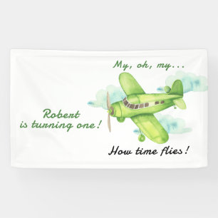 Airplane Oh My Time Flies Travel First Birthday  Banner