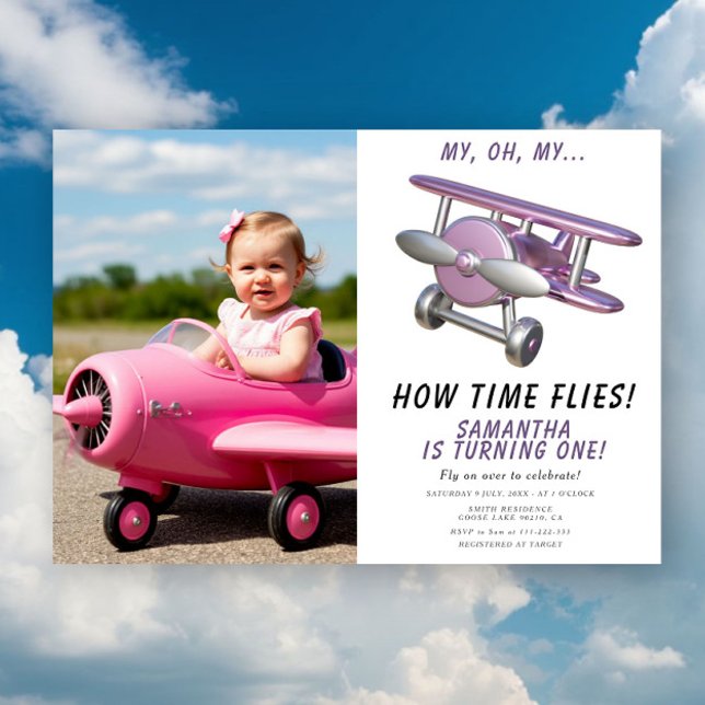 Airplane Oh My Time Flies Travel First Birthday Invitation (Creator Uploaded)