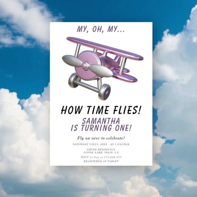 Airplane Oh My Time Flies Travel First Birthday Invitation (Creator Uploaded)