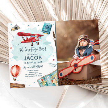 Airplane Oh My Time Flies Travel First Birthday Invitation by Anietillustration at Zazzle