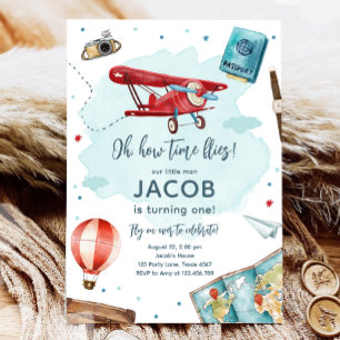 Airplane Oh My Time Flies Travel First Birthday Invitation