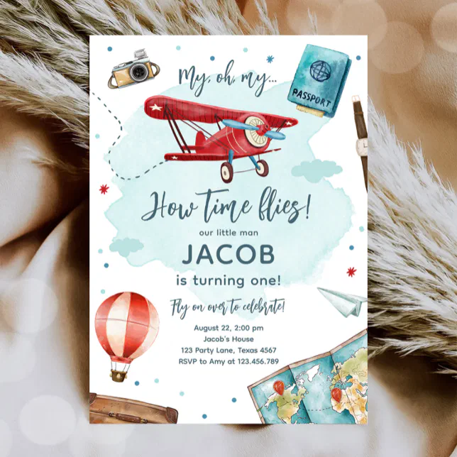 Airplane Oh My Time Flies Travel First Birthday Invitation | Zazzle