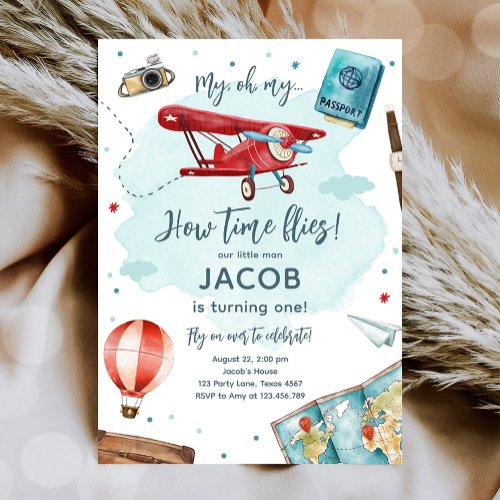 Airplane Oh My Time Flies Travel First Birthday Invitation
