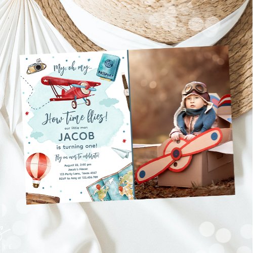 Airplane Oh My Time Flies Travel First Birthday Invitation
