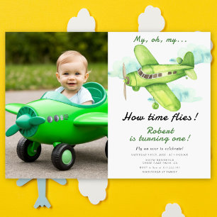 Airplane Oh My Time Flies Travel First Birthday Invitation