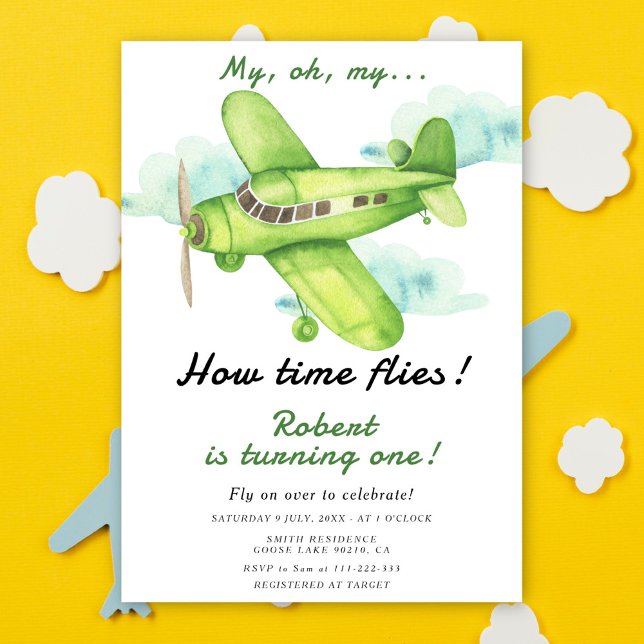 Airplane Oh My Time Flies Travel First Birthday Invitation (Creator Uploaded)