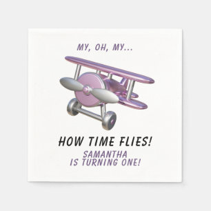Airplane Oh My Time Flies Travel First Birthday  Napkins