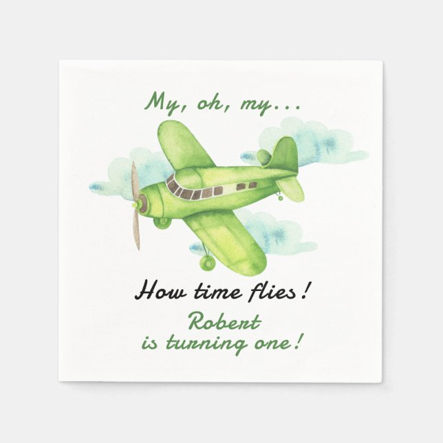 Airplane Oh My Time Flies Travel First Birthday  Napkins (Front)