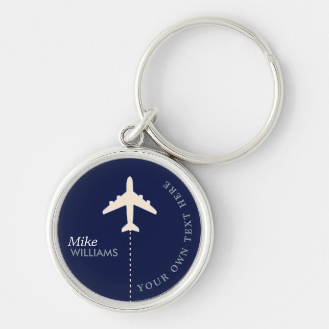 airplane on blue keychain with name (Front)