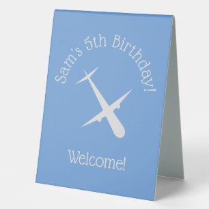 Airplane on Blue Personalized Birthday Kids Pilot Table Tent