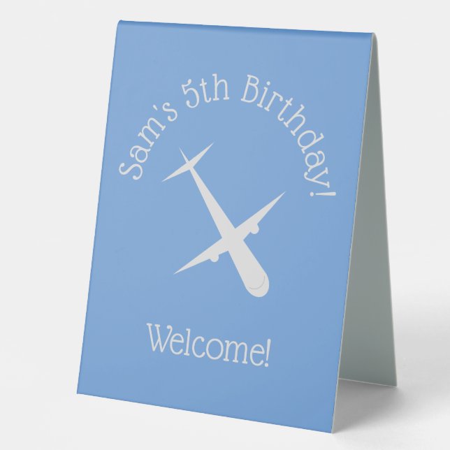 Airplane on Blue Personalized Birthday Kids Pilot Table Tent (Front)