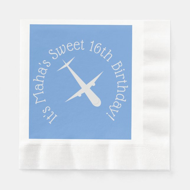 Airplane on Blue Personalized Coined Napkins (Front)