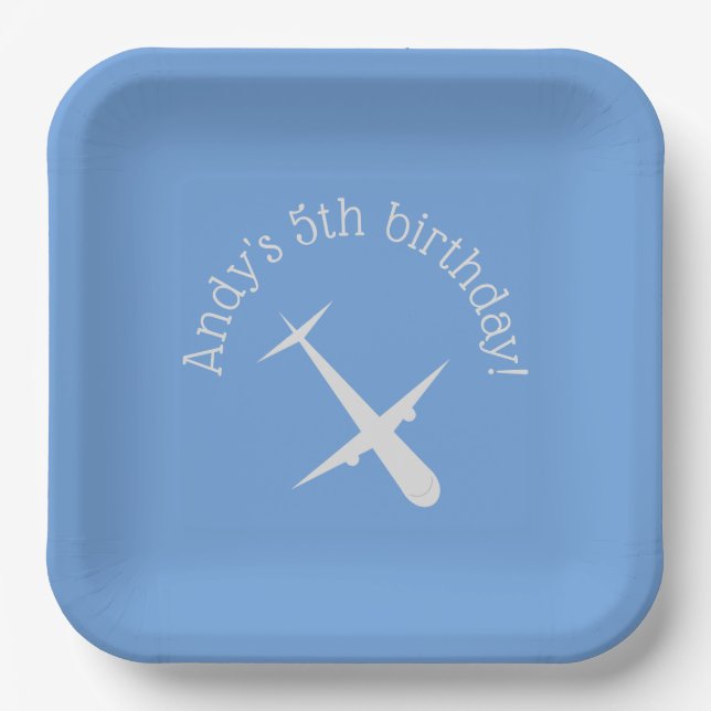 Airplane on Blue Personalized Paper Plates (Front)