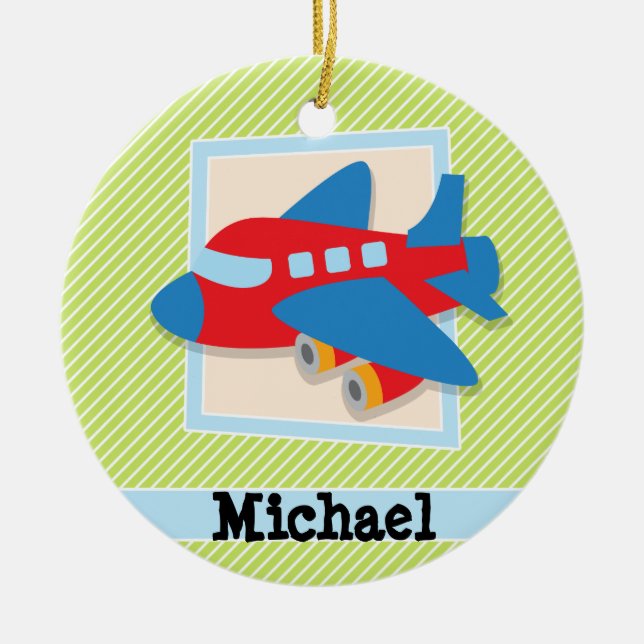 Airplane on Lime Green & White Stripes Ceramic Ornament (Front)