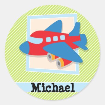 Airplane On Lime Green & White Stripes Classic Round Sticker by Birthday_Party_House at Zazzle