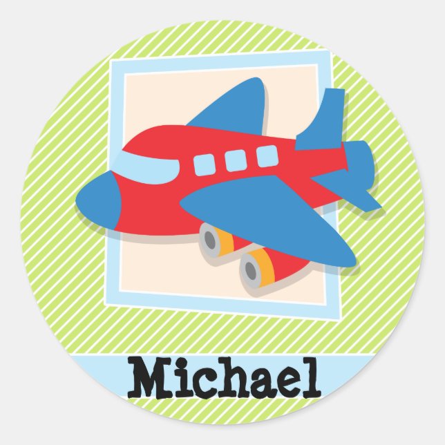 Airplane on Lime Green & White Stripes Classic Round Sticker (Front)