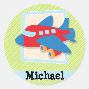 Airplane on Lime Green & White Stripes Classic Round Sticker
