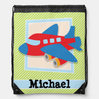 Airplane on Lime Green & White Stripes Drawstring Bag