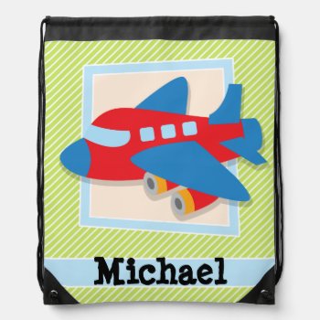 Airplane On Lime Green & White Stripes Drawstring Bag by Birthday_Party_House at Zazzle