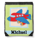Airplane on Lime Green & White Stripes Drawstring Bag Airplane on Lime Green & White Stripes Drawstring Bag