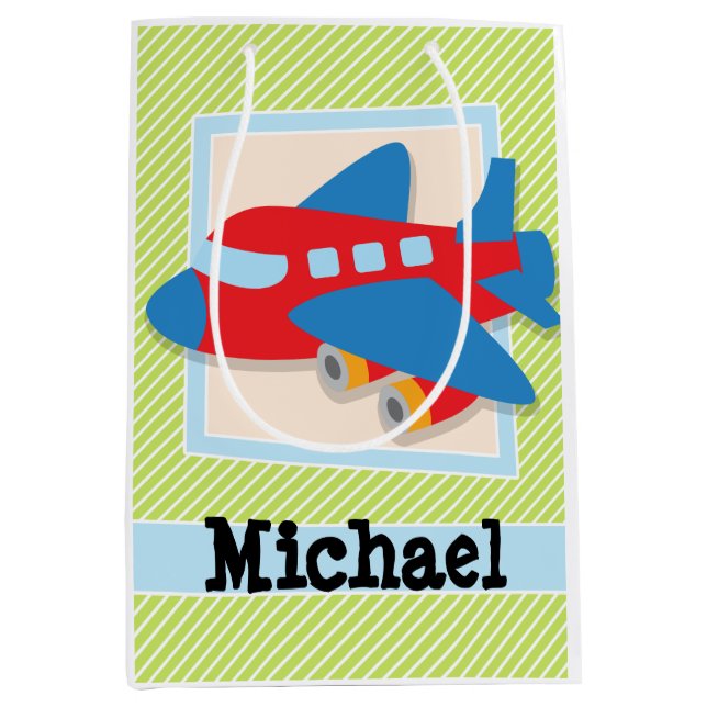 Airplane on Lime Green & White Stripes Medium Gift Bag (Front)