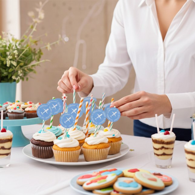 Airplane on Sky Blue Personalized Birthday Classic Round Sticker (Creator Uploaded)