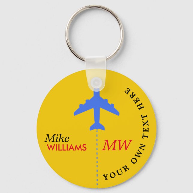 airplane on yellow keychain with name (Front)