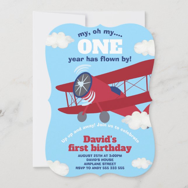 Airplane ONE Year Flown Boy 1st Birthday Invitation (Front)